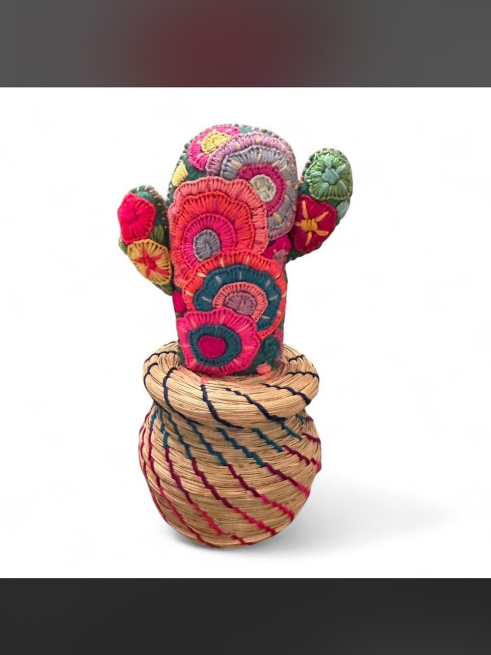 Handmade Embroidered Cactus Plush in Bright Multicolor